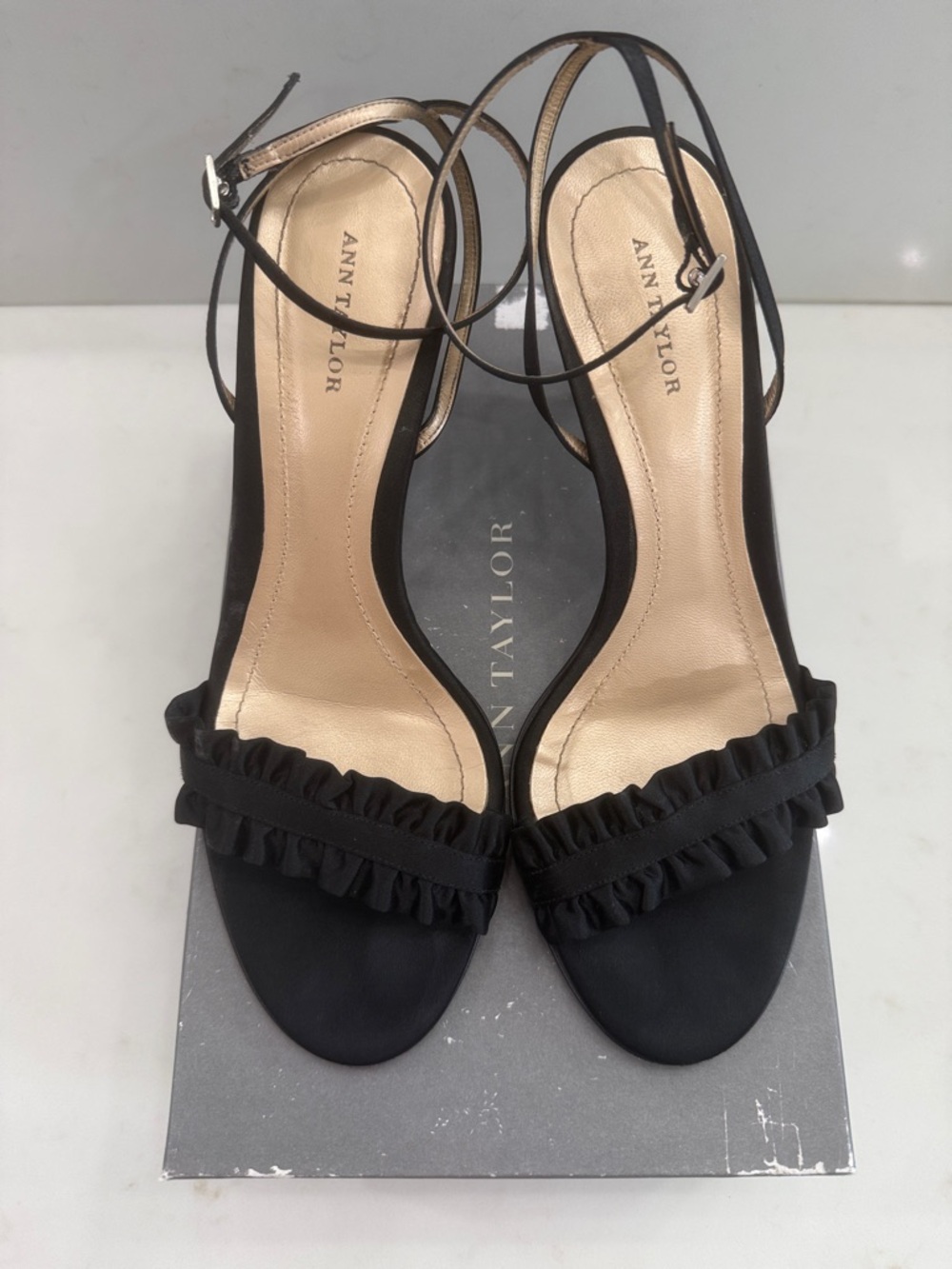 Ann Taylor Black Satin Ruffle Ankle-Strap Heels